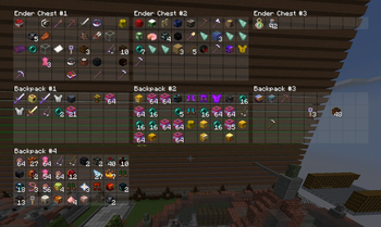 Firmament storage overlay displaying Ender Chests 1 through 3 and Backpacks 1 through 4 contents in a compact grid view showing all stored SkyBlock items